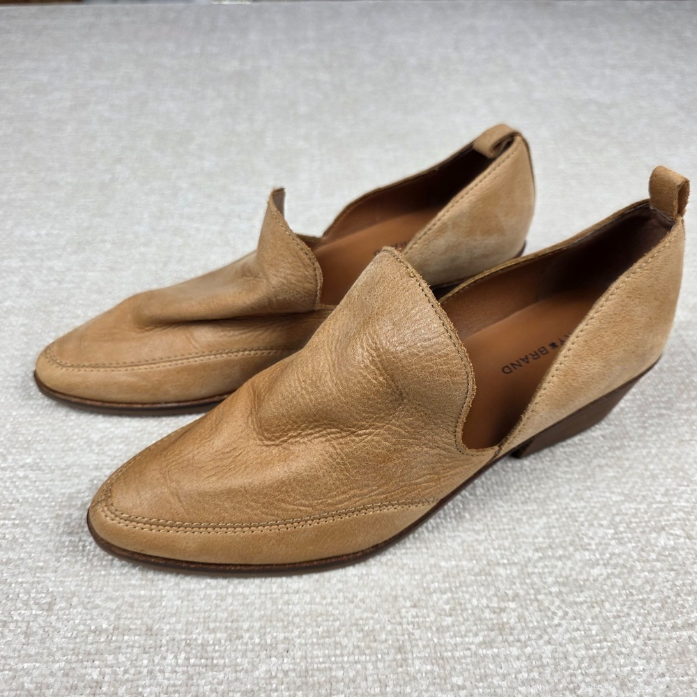 Lucky Brand‎ Mahzan Leather Side Slit Pointed Toe Tan Loafers US 8.5M Chop-out